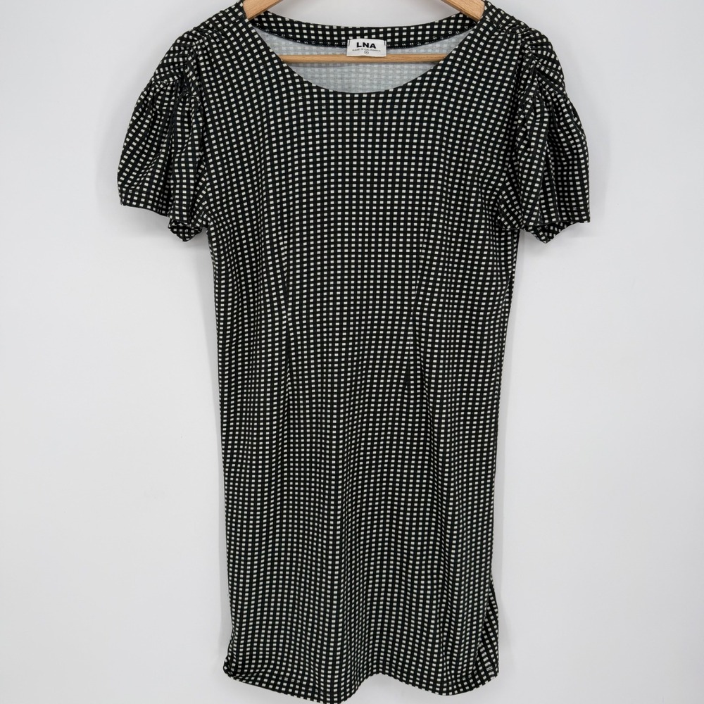 LNA Womens Black White Grid Print Puff Sleeve T-Shirt Mini Dress Size M